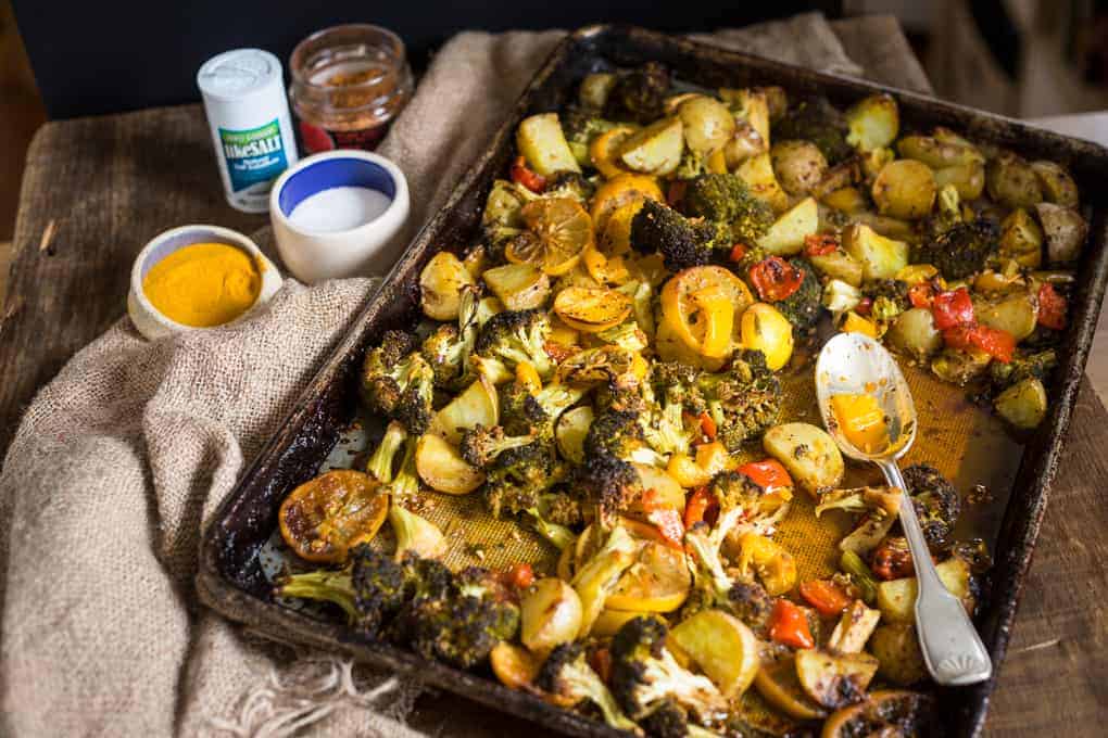 Roasted lemon potatoes, broccoli and bell peppers