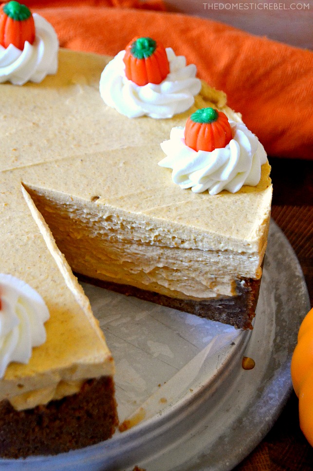 No-Bake Pumpkin Cheesecake with a slice missing