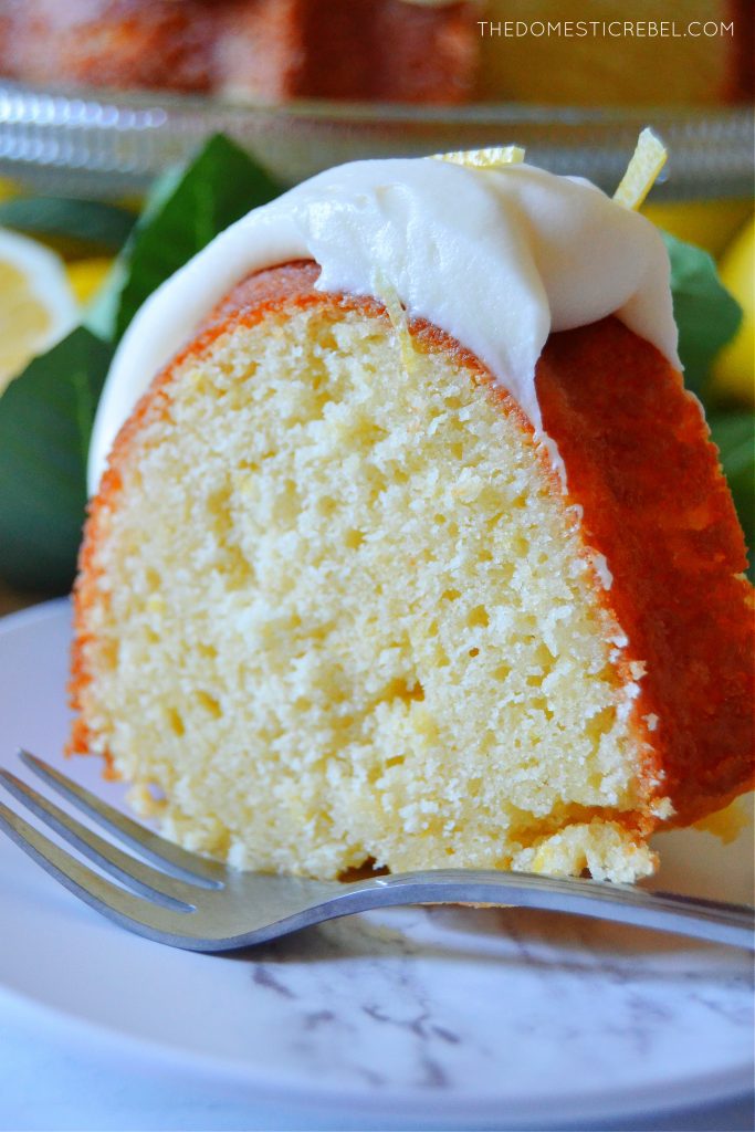 closeup slice of lemon bundt cake