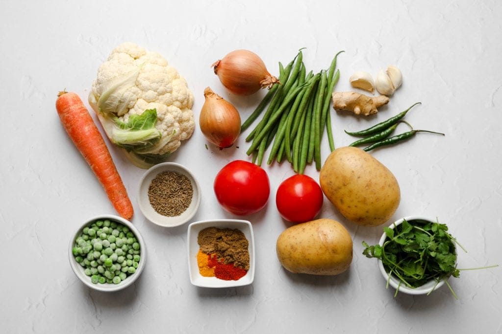 Ingredients for dry Indian vegetable curry