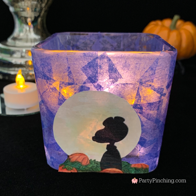 Great Pumpkin Candle Holder Craft, stained glass tissue paper Mod Podge candle holder, Dollar tree glass candle holder, easy fun Candle holder Halloween DIY craft ideas for kids, Charles Schulz Museum Halloween Great Pumpkin workshops with Norene Cox