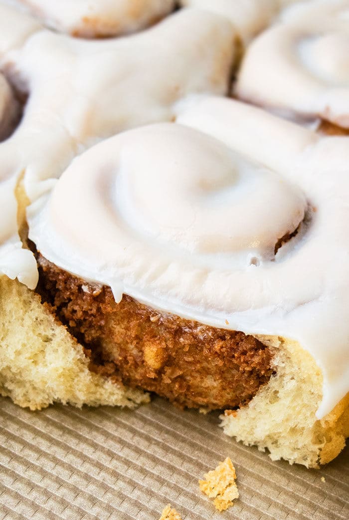 Quick and Easy Frosted 1 Hour Cinnamon Rolls on Baking Tray.  