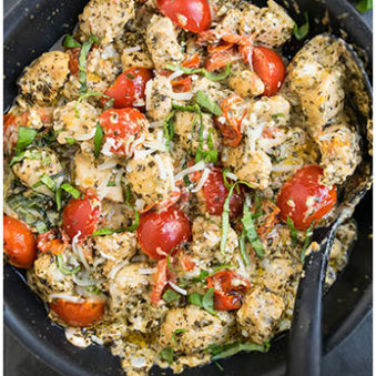 Easy Homemade Creamy Pesto Chicken in Large Nonstick Pan.