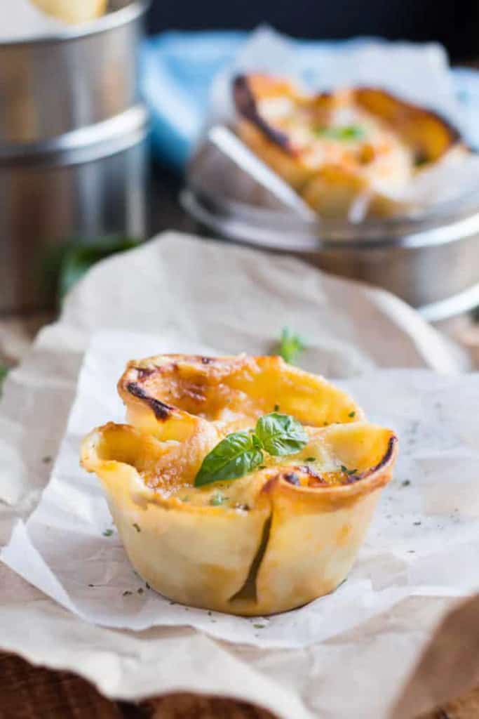 close up of individual lasagna cup