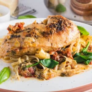 A cooked chicken breast served over pasta with spinach, sun-dried tomatoes, and a creamy sauce on a white plate.