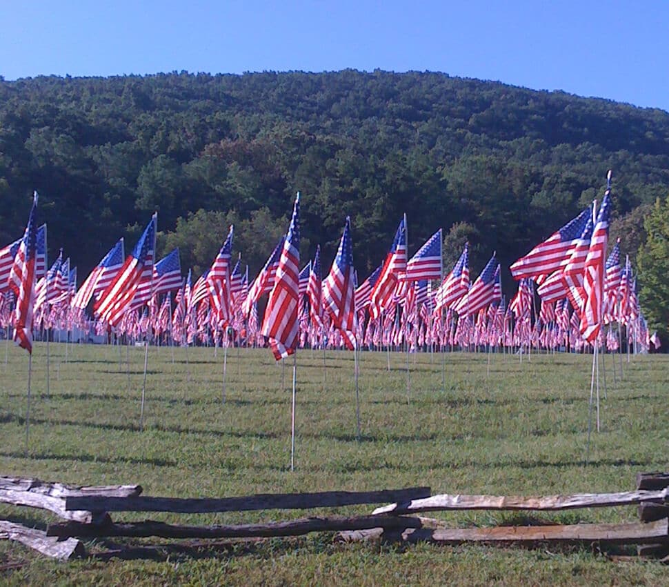 Flags flying over the field at Kennesaw Mountain. 