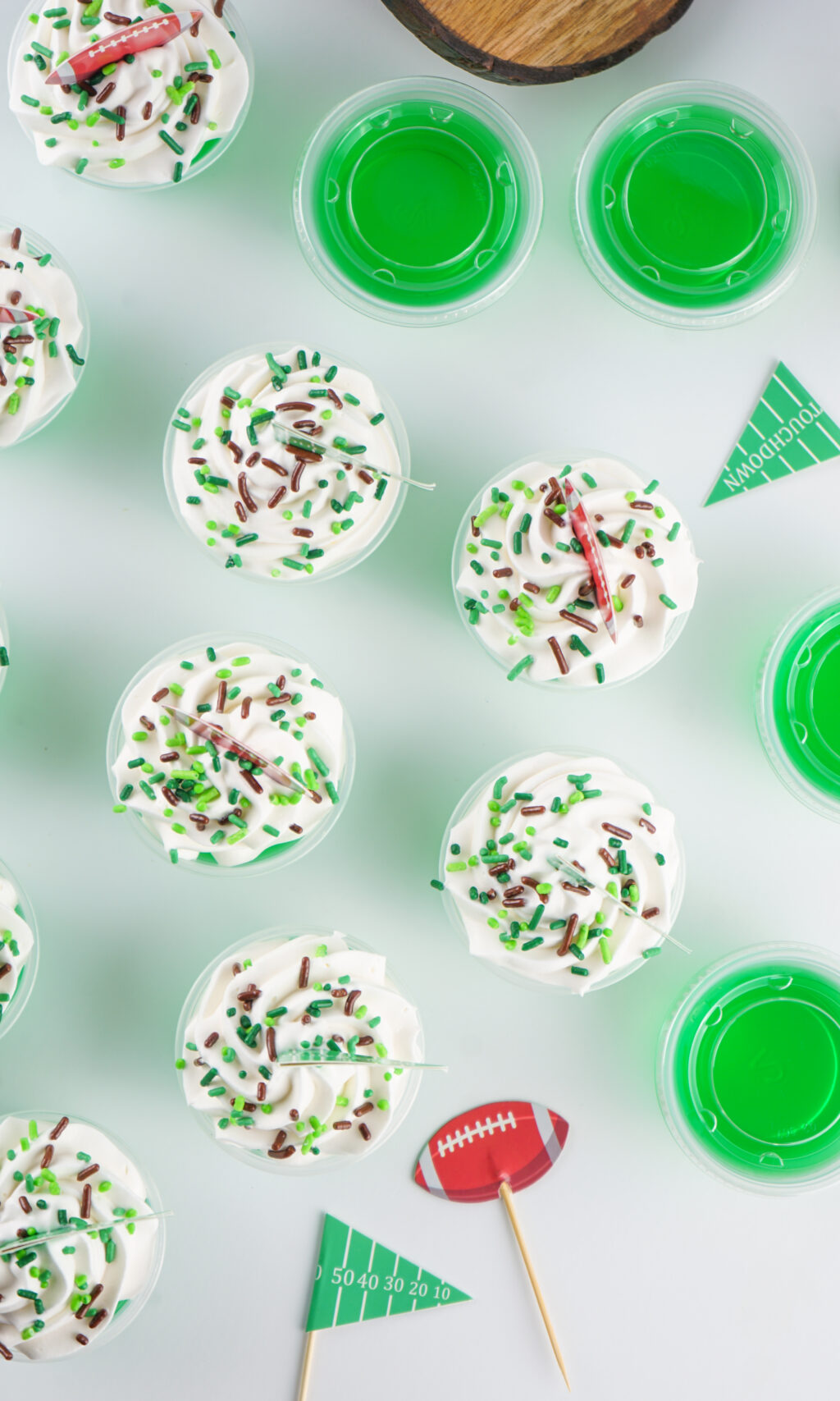 overhead view of football jello shots
