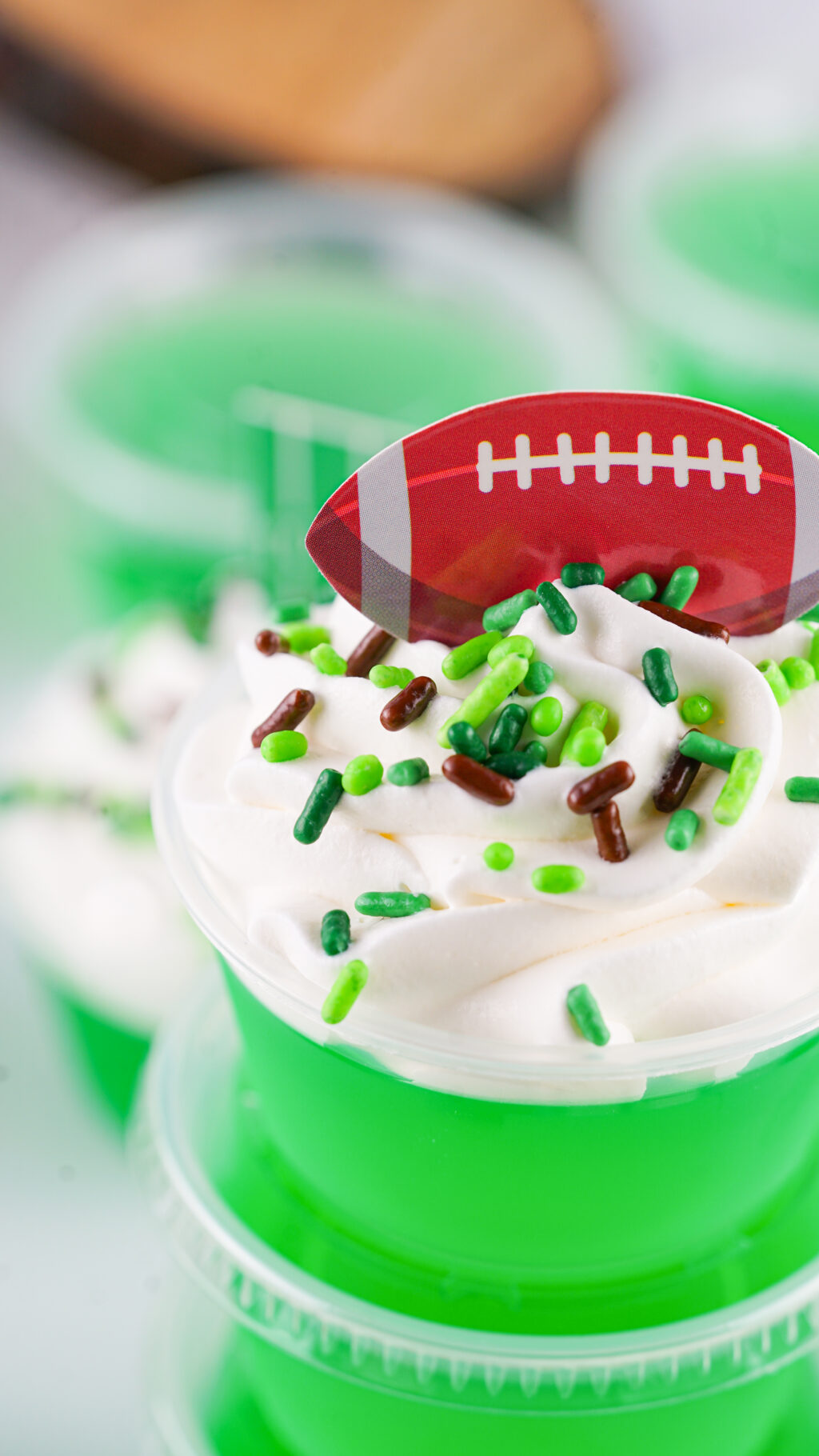 close up view of a football jello shot