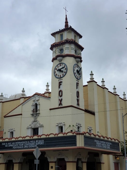 Fox theater with clock and historic tower in Visalia