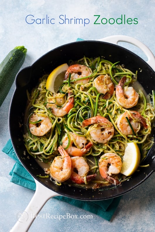Garlic Shrimp Zucchini Noodles Recipe in a pan 