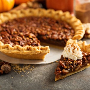 Traditional pecan pie, fall dessert concept for Thanksgiving
