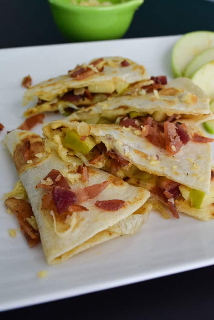 Close up side view of Gouda Bacon Onion Apple Quesadillas 