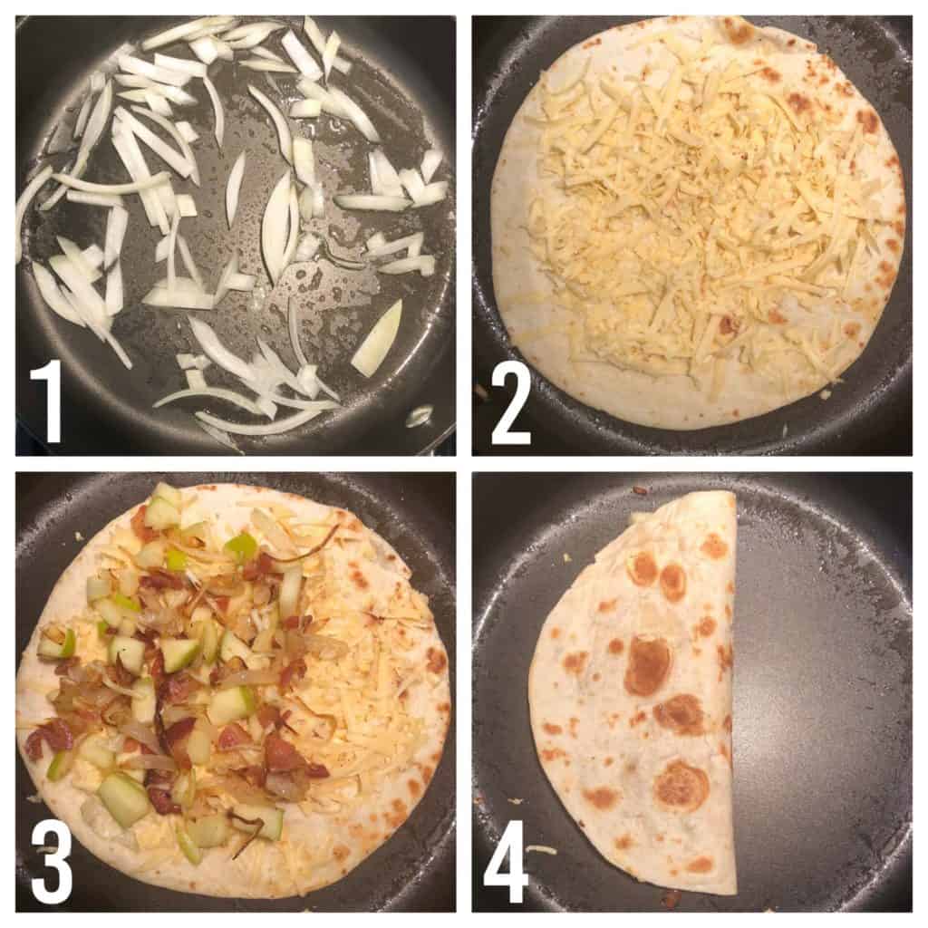 Gouda Bacon Onion Apple Quesadillas Collage of images showing how to make quesadilla in frying pan