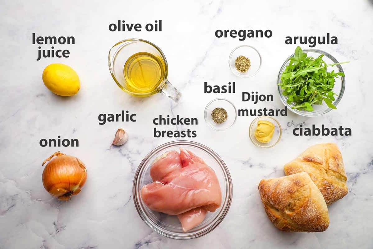 ingredients pictured and labelled for grilled chicken sandwich
