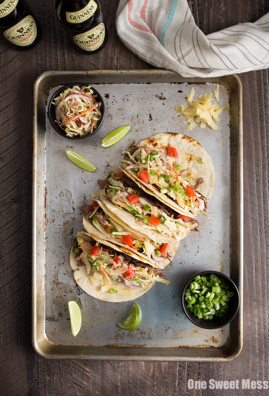 Guinness Shredded Beef Tacos with Mustard Slaw