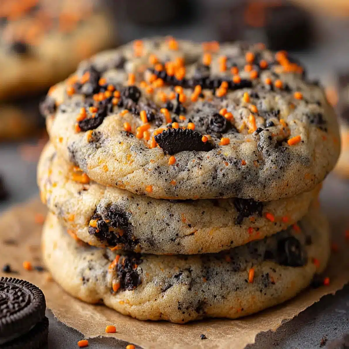 Close-up of easy Halloween cookie recipe with hidden Oreo filling and festive sprinkles.