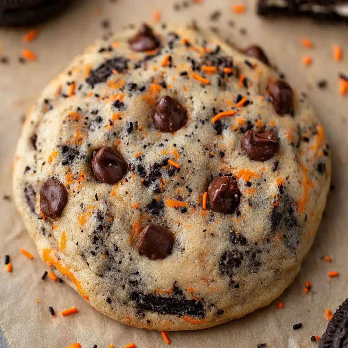 Stuffed Halloween cookie broken in half showing Oreo center and orange cream filling.