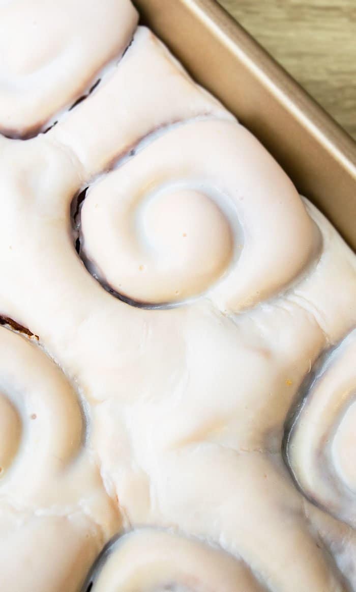 Closeup Shot of Cinnamon Roll Frosting or Icing- Overhead Shot. 