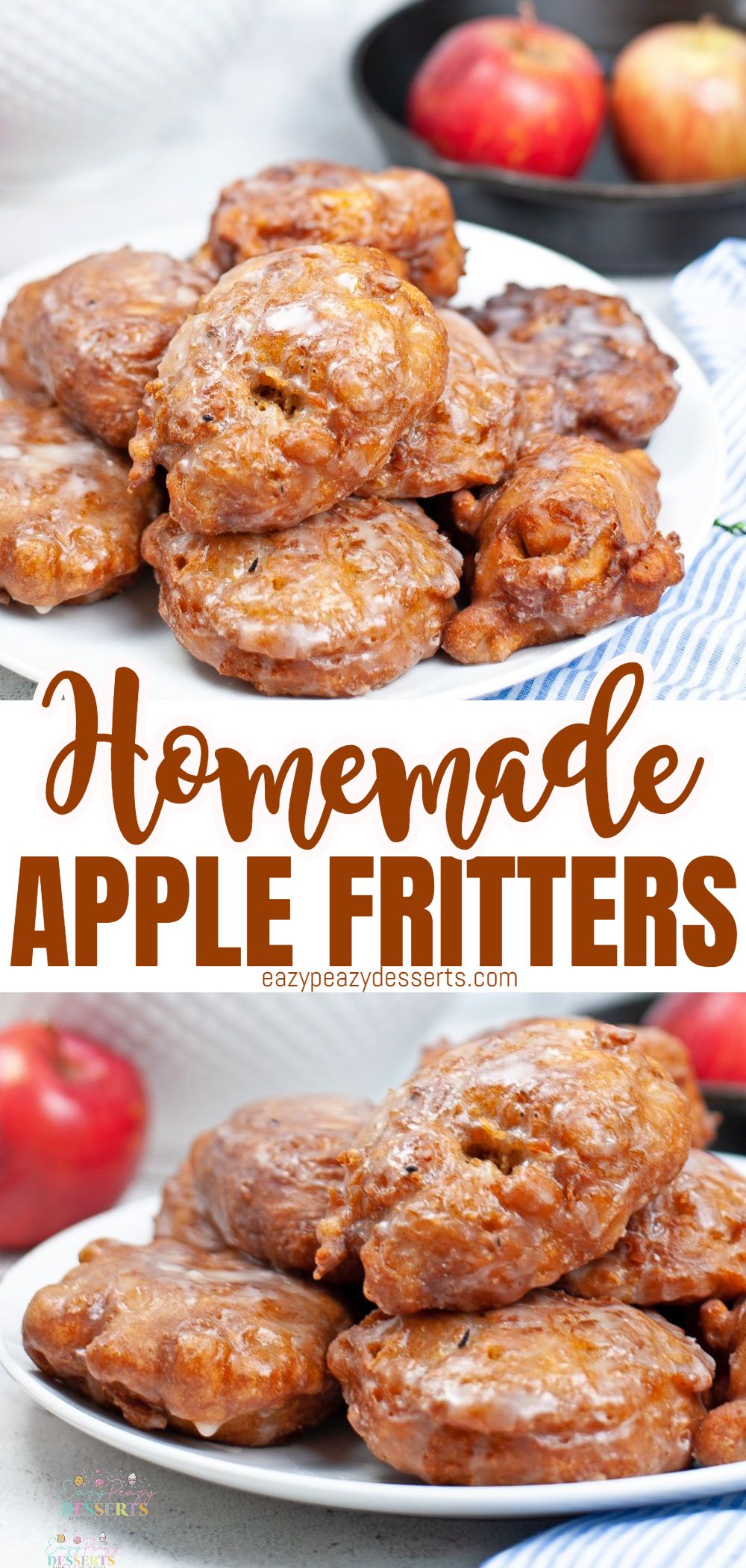 Photo collage of homemade apple fritters with sugar glaze, served in a white serving plate