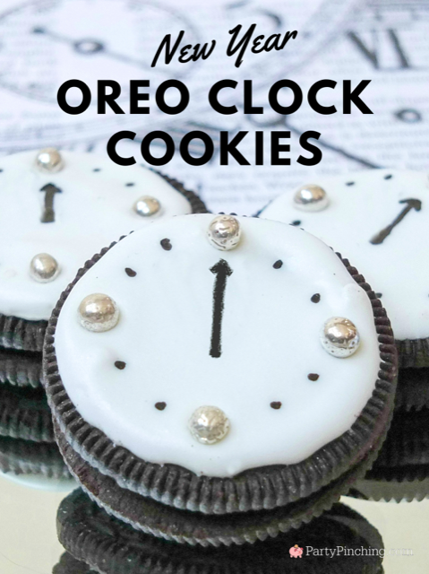New Year Oreo Clock Cookies, cute New Year's eve cookies, easy best New Year's eve party food dessert ideas recipes, Oreo Cookie clocks no bake easy to make cookies for New Year's Eve party, cute cookie ideas for kids New Year's eve only 3 ingredients