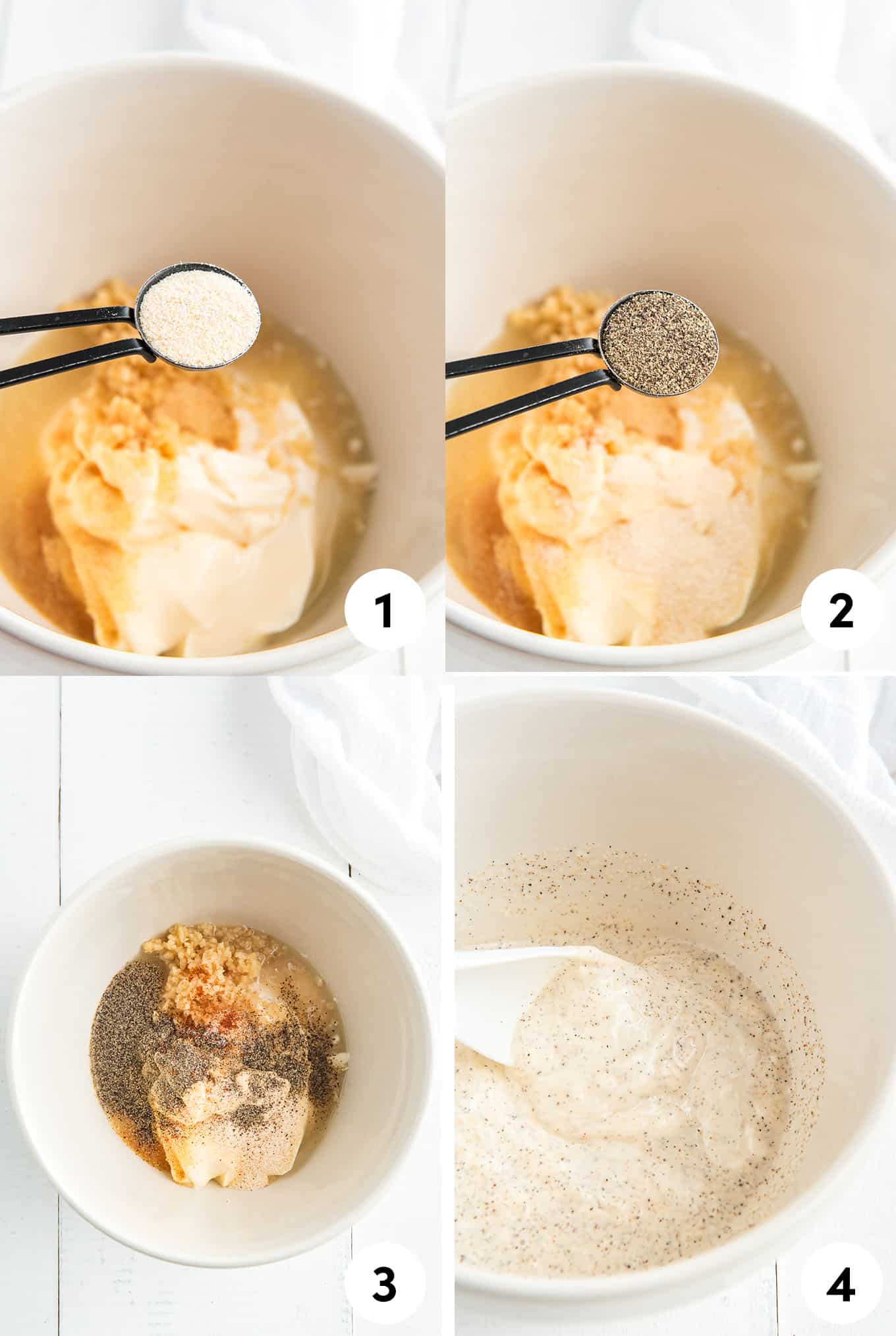 A collage of images showing adding ingredients to a bowl and after it's all mixed together.
