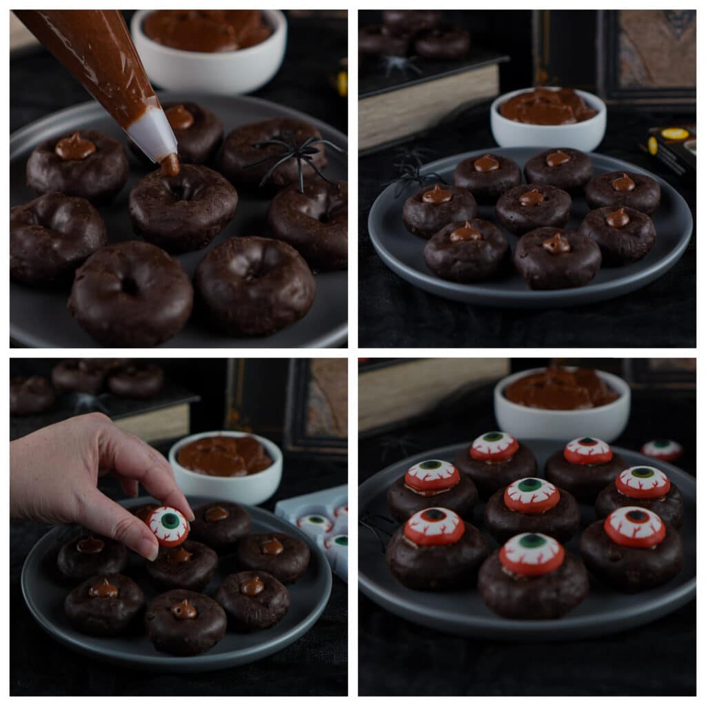 collage showing step by step how to make mini eyeball donuts