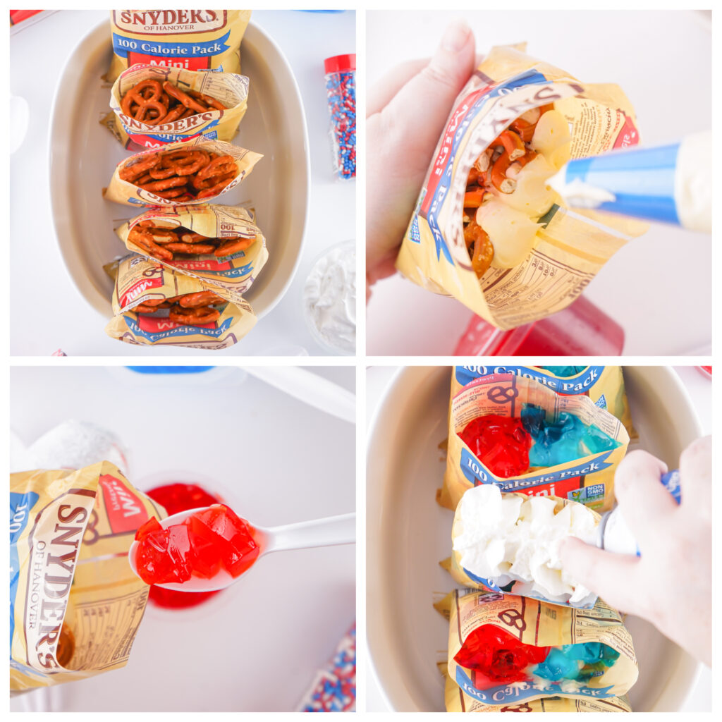 collage showing how to make walking jello pretzel salads