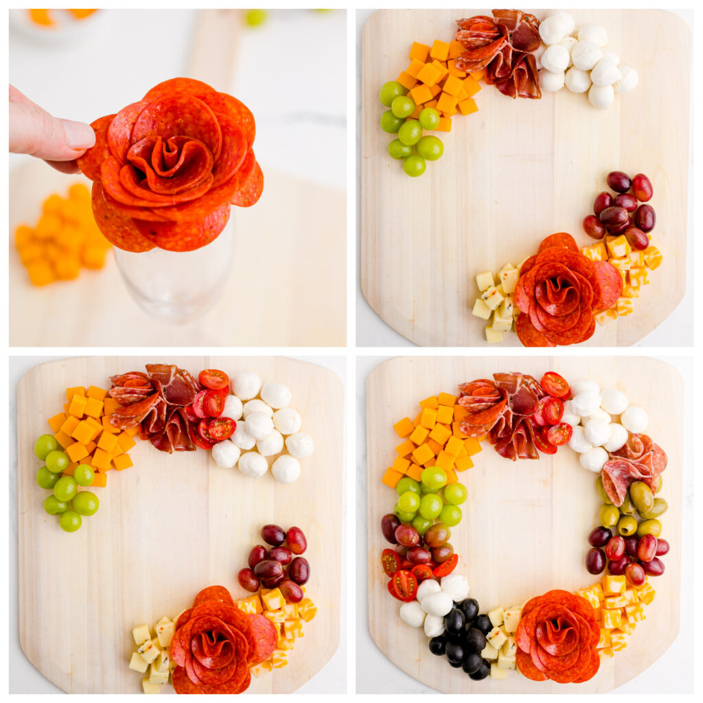 collage showing step-by-step on how to make a holiday wreath charcuterie board