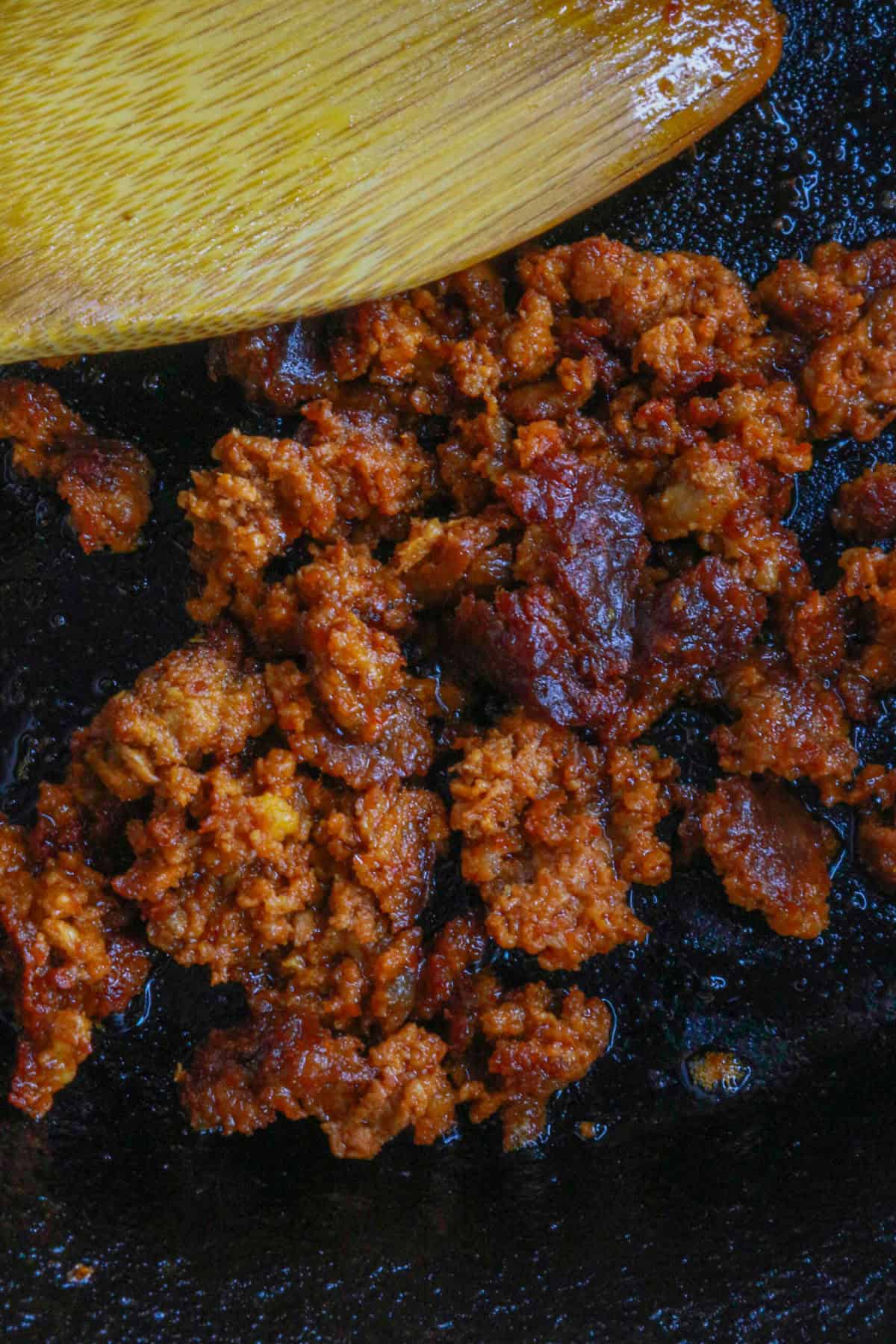 Cooked chorizo in a pan