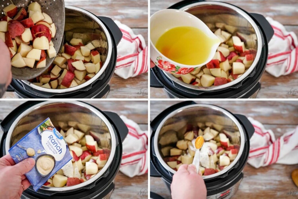 A collage image showing the potatoes, broth, ranch dressing packet and seasoned salt being added to the instant pot.