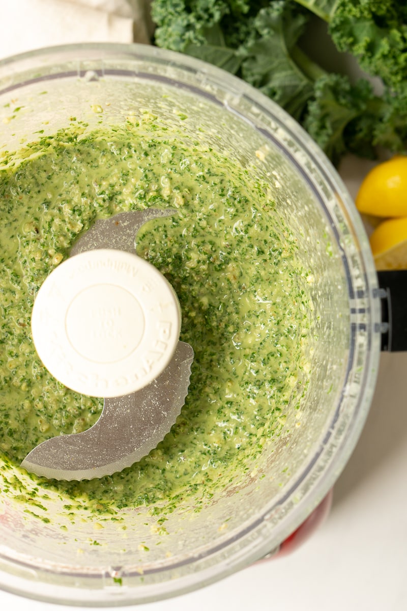 Kale and walnut pesto in a food processor