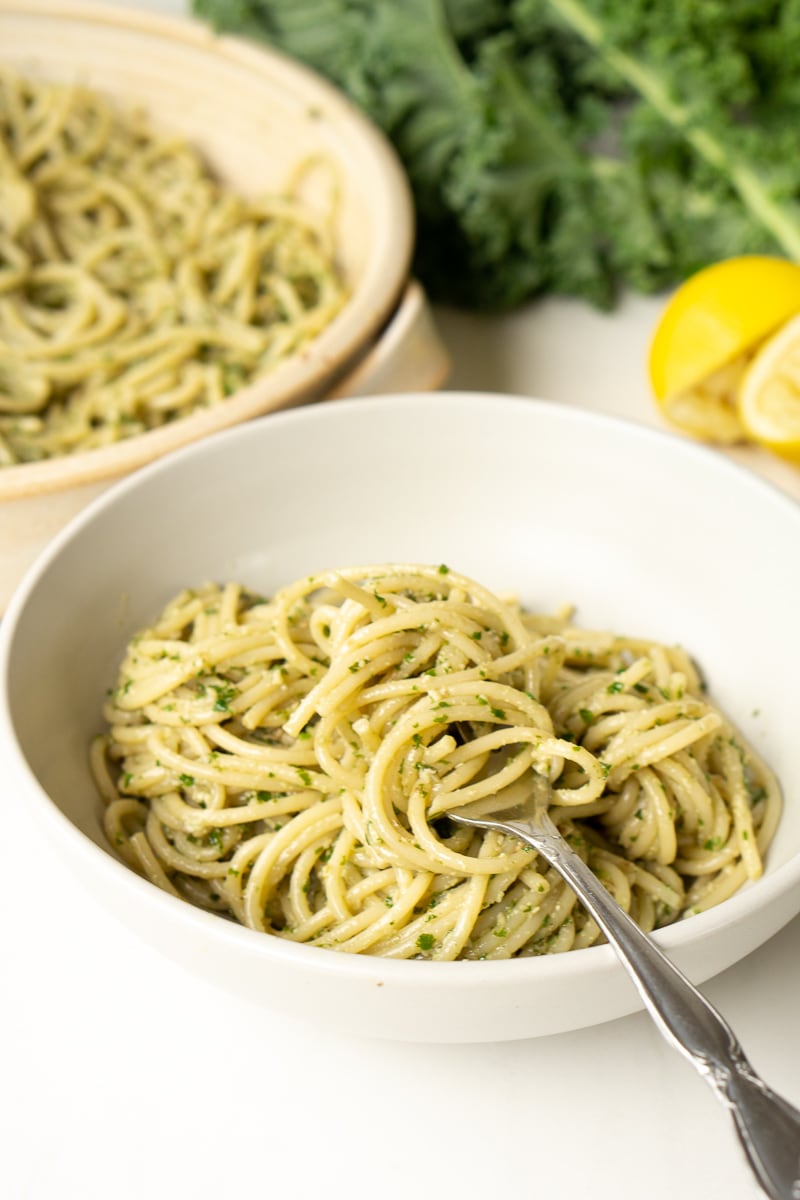 Kale pesto pasta in a bowl