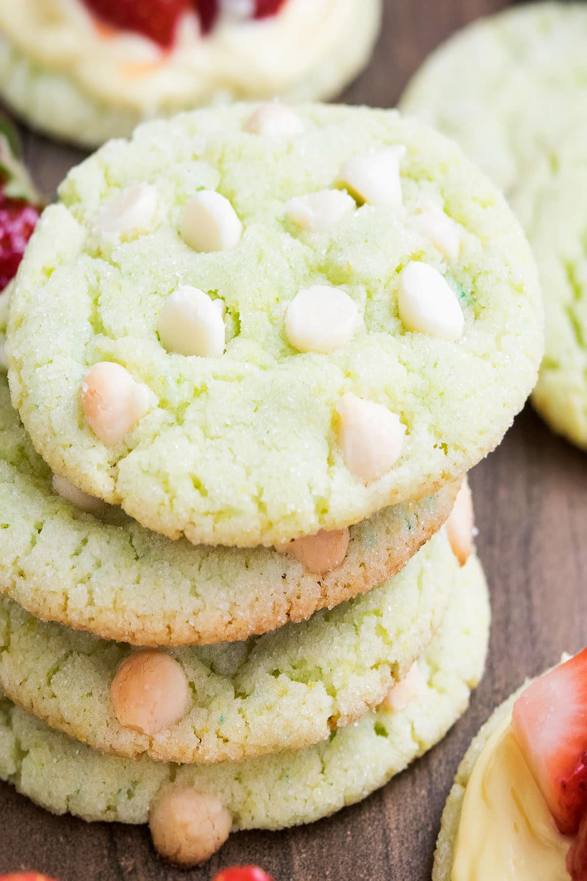 Stack of Crinkle Cookies With White Chocolate Chips on Wood Background. 