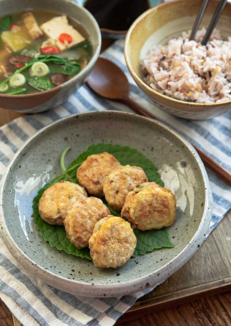 Wanja-jeon, Korean meat and tofu patties, served with rice and soup
