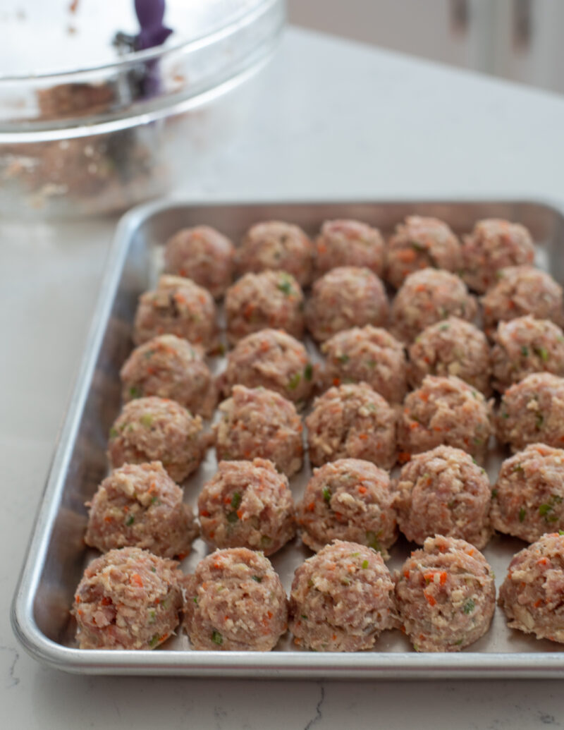Wanja-jeon meat and tofu patties shaped into balls and arranged in a pan