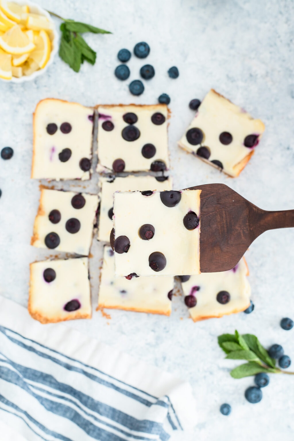 top view of lemon blueberry cheesecake bars