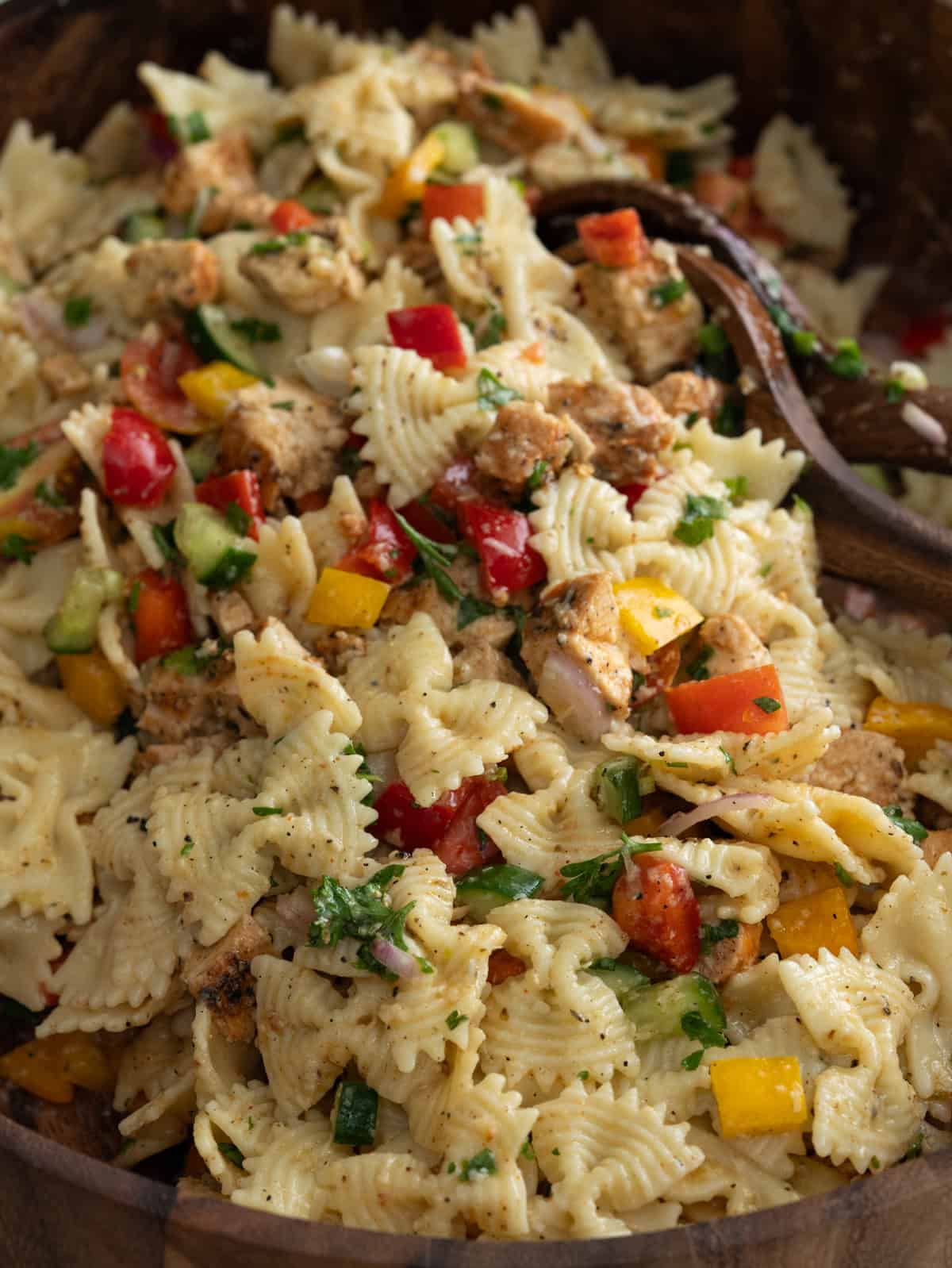 Grilled chicken pasta salad with chopped veggies 