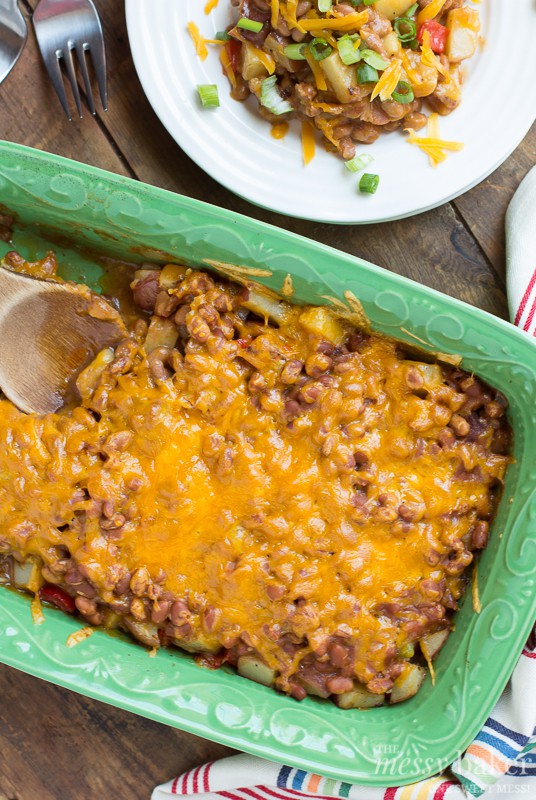 Loaded Baked Potato & Baked Bean Casserole | www.themessybakerblog.com