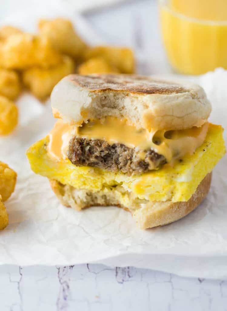 breakfast sandwich with bite missing