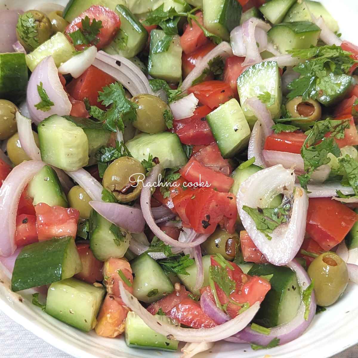 Mediterranean cucumber tomato salad close up
