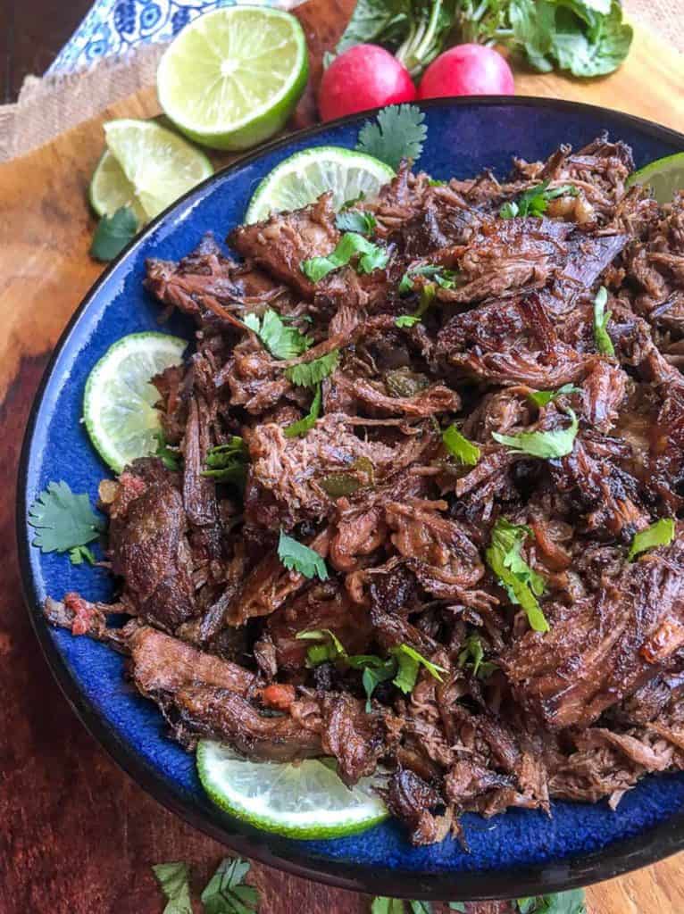 shredded beef on blue plate