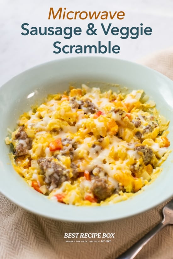Microwave Sausage Scramble Recipe with Veggies | BestREcipeBox.com Microwave Sausage Scramble Recipe with Veggies in a blue bowl