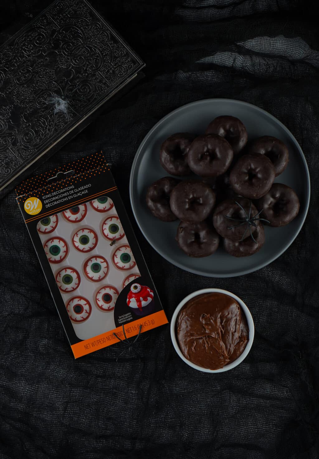 overhead view of ingredients needed to make mini eyeball donuts