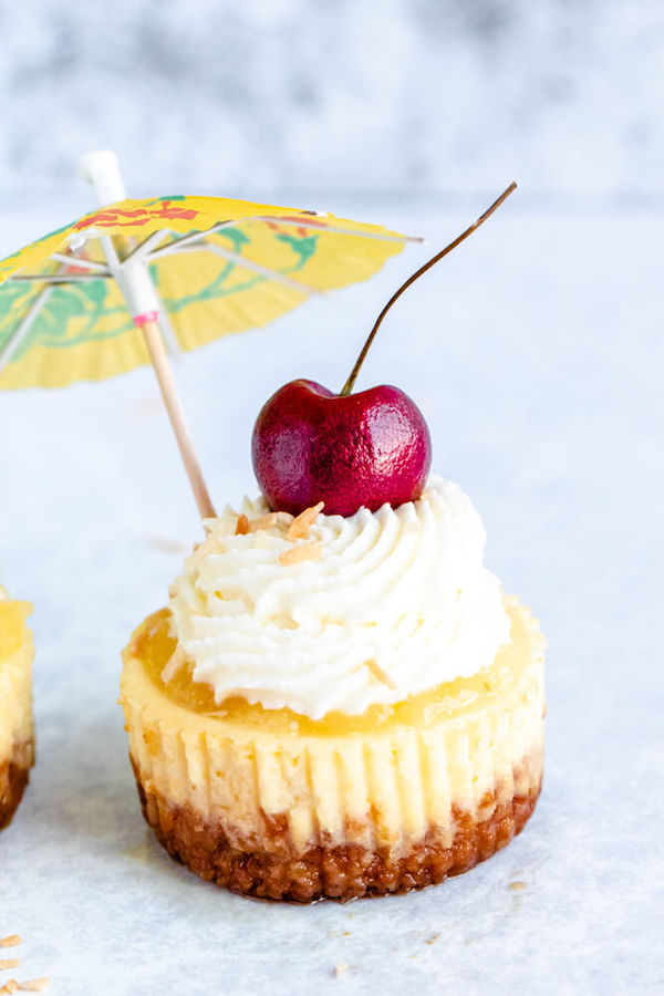 mini piña colada cheesecakes with pineapple sauce, coconut whipped cream, toasted coconut and a cherry on top.