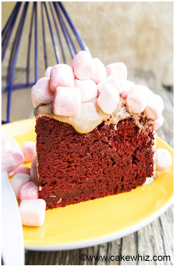 Slice of Easy Homemade Red Velvet Cake on Yellow Plate
