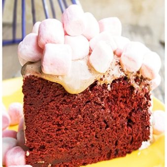 Slice of Easy Homemade Red Velvet Cake on Yellow Plate