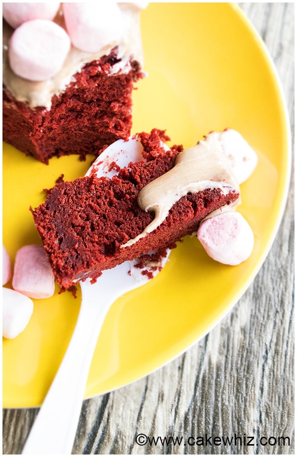 Spoonful of Velvet Cake on Yellow Plate