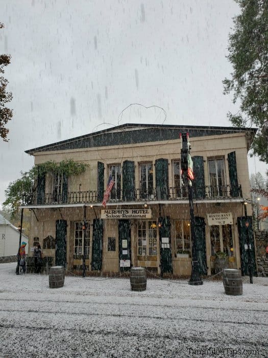 snow falling in front of the Murphys Hotel 