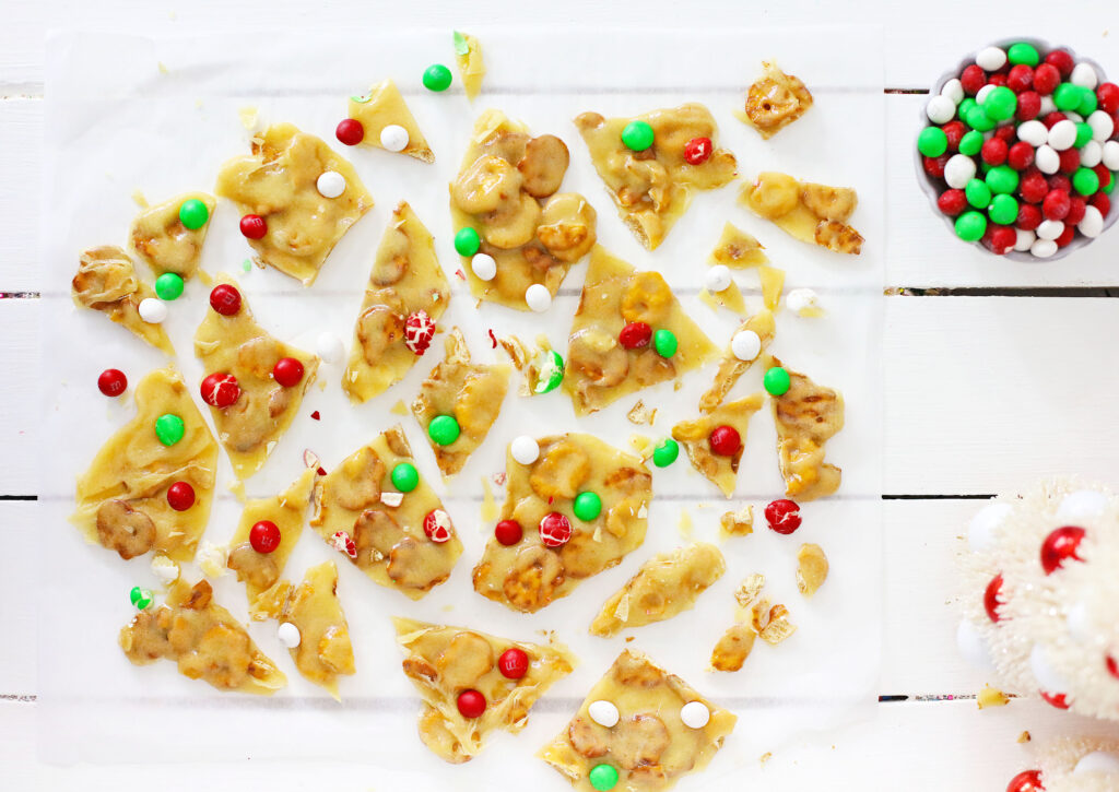 pieces of christmas brittle broken on table