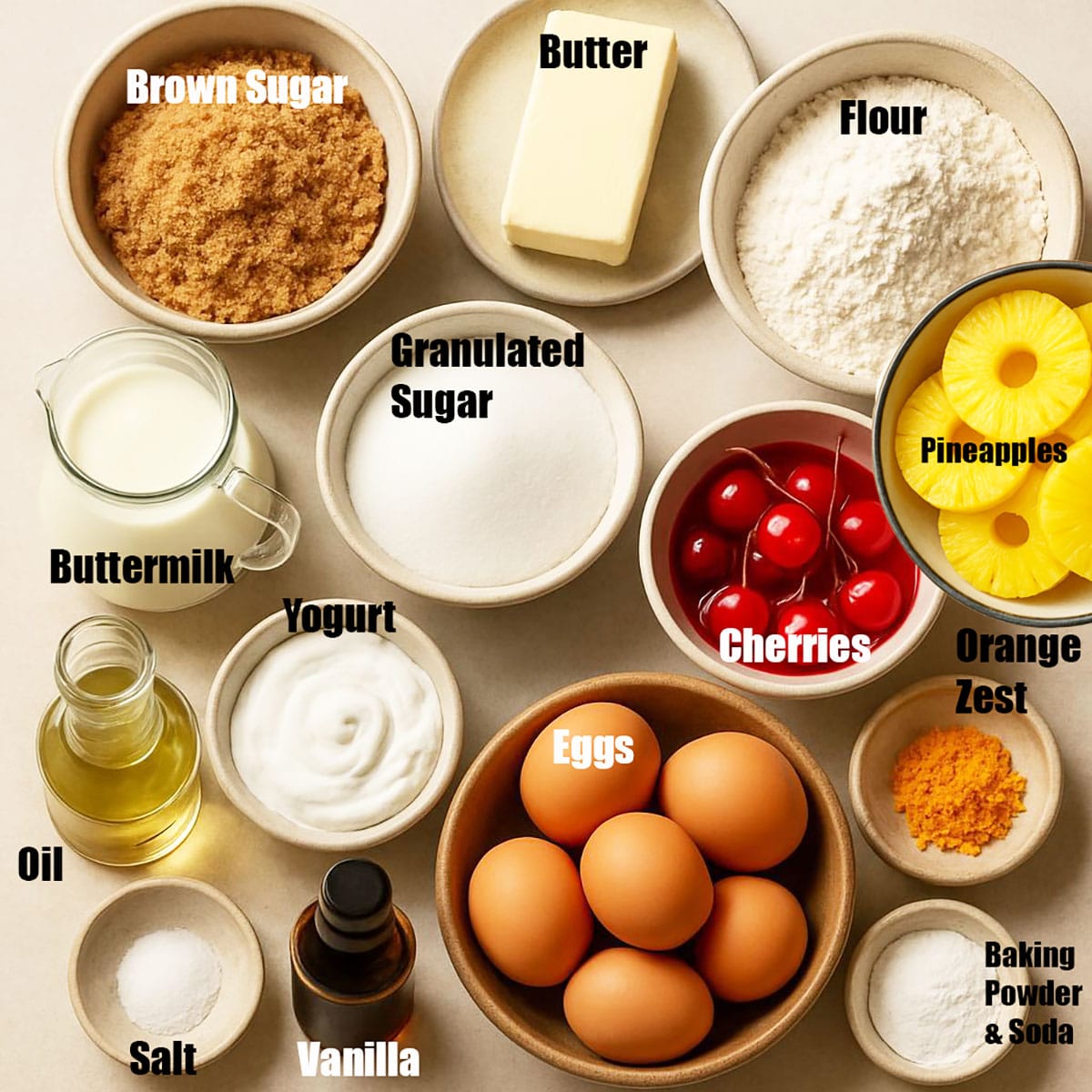 Image with ingredients in separate containers on neutral background. 